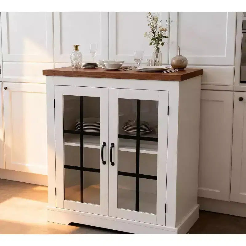 Buffet Cabinet with Glass Doors, Built-in Power Outlet, Sideboard for Kitchen Pantry