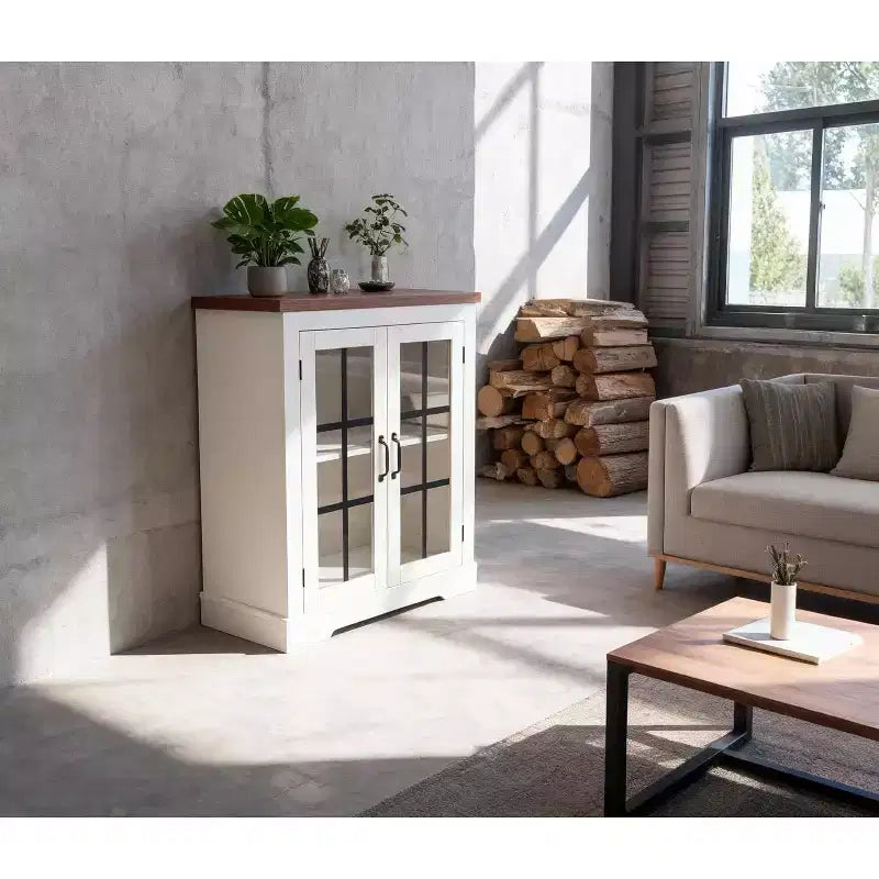 Buffet Cabinet with Glass Doors, Built-in Power Outlet, Sideboard for Kitchen Pantry