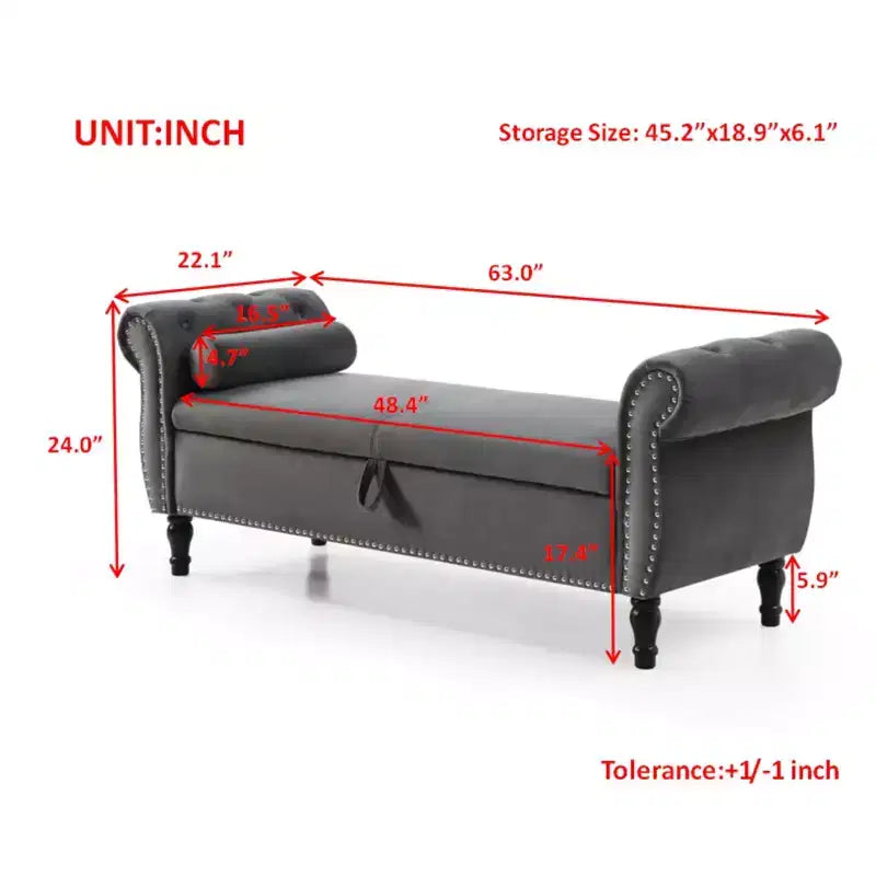 63 Storage Bench with Button Tufted & Pillow Velvet Upholstered End of Bed Bench with Wood Legs Entryway Bench for Living Room, Bedroom