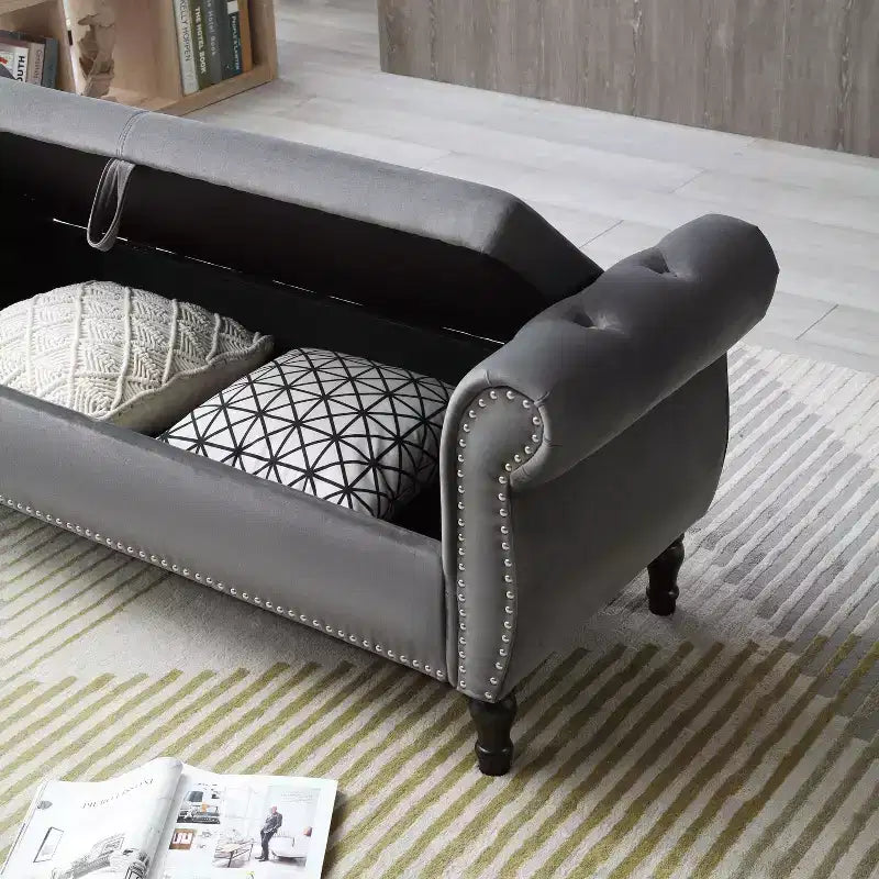 63 Storage Bench with Button Tufted & Pillow Velvet Upholstered End of Bed Bench with Wood Legs Entryway Bench for Living Room, Bedroom
