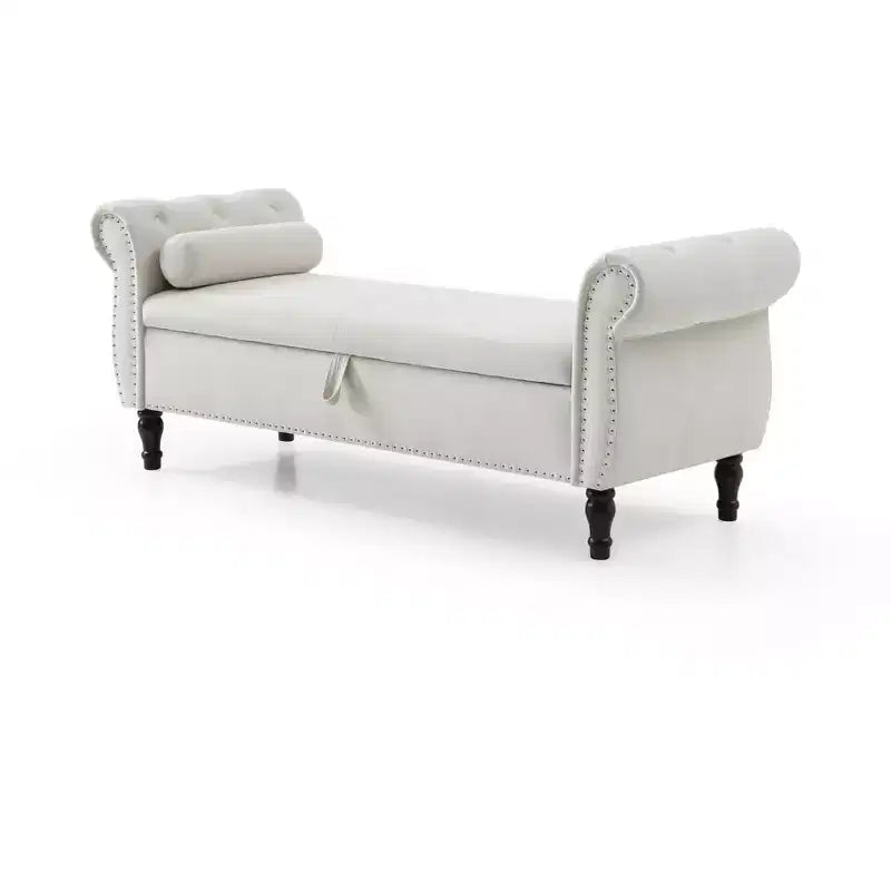 63 Storage Bench with Button Tufted & Pillow Velvet Upholstered End of Bed Bench with Wood Legs Entryway Bench for Living Room, Bedroom