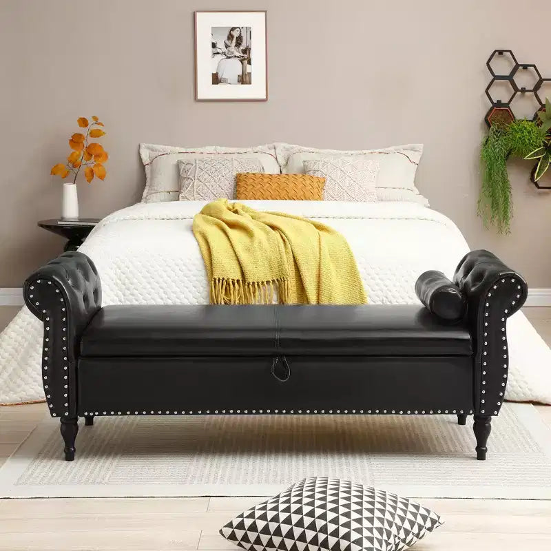 63 Storage Bench with Button Tufted & Pillow Velvet Upholstered End of Bed Bench with Wood Legs Entryway Bench for Living Room, Bedroom