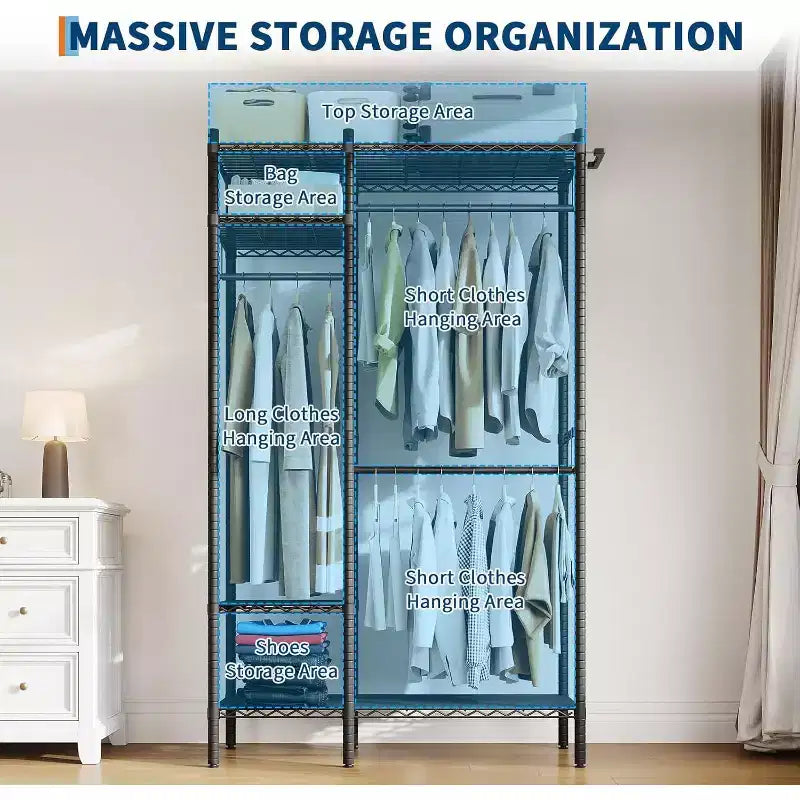 Heavy Duty Clothes Rack, Clothing Racks for Hanging Clothes, Freestanding Garment Racks with Shelves, Adjustable Closet Racks, Max Load 1000LBS