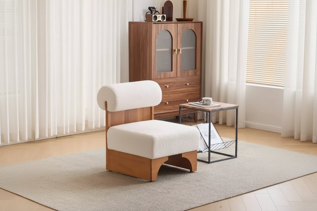 Modern Boucle Upholstered Accent Chair with Rolled Backrest and Solid Wood Frame for Living Room, Bedroom, or Office-Panipeachy