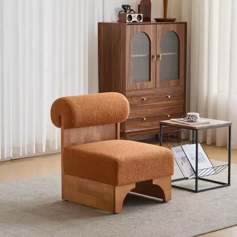 Modern Boucle Upholstered Accent Chair with Rolled Backrest and Solid Wood Frame for Living Room, Bedroom, or Office