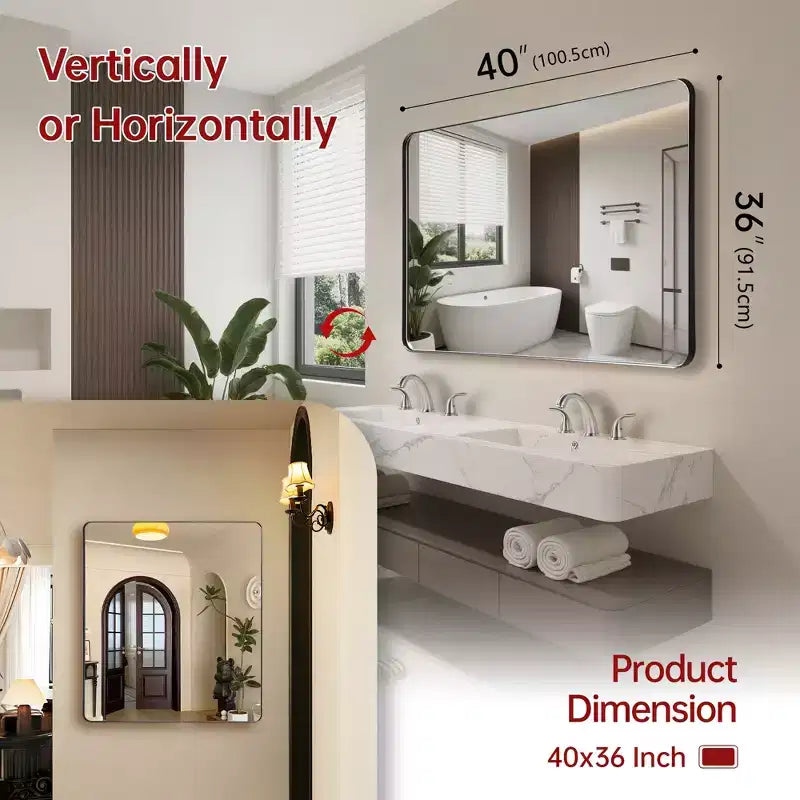 Rectangle Bathroom Mirror, 40x36 Black Aluminum Framed Large Vanity Mirror with Tempered Glass