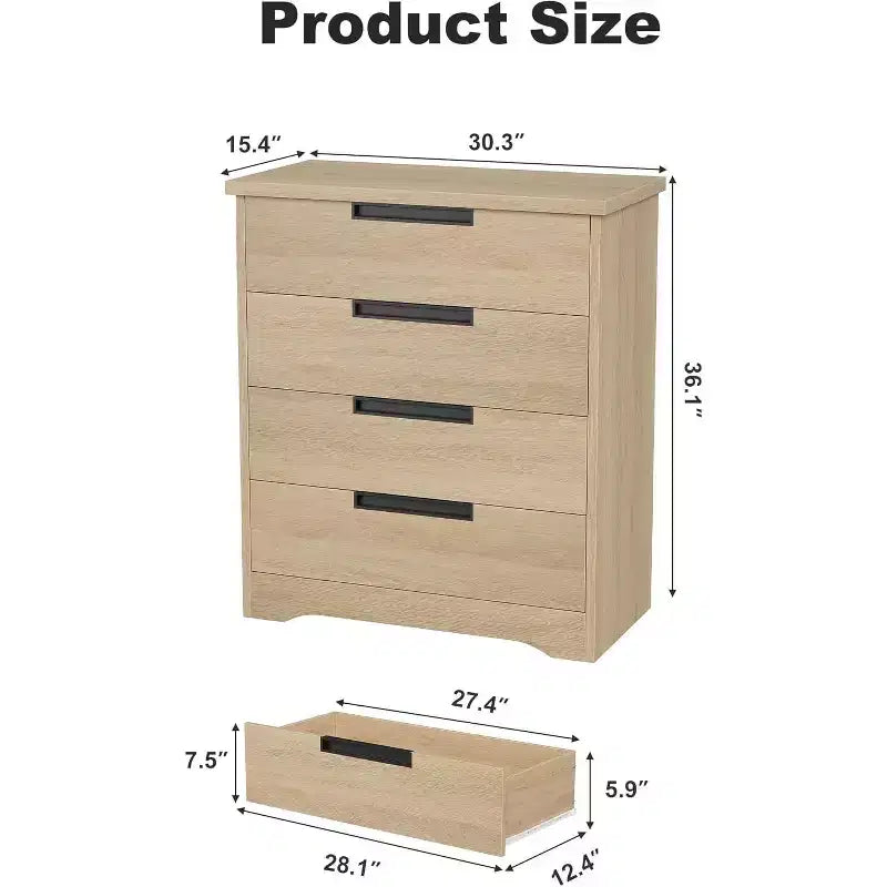 4 Drawer Dresser for Bedroom, Natural Chest of Drawers with Embedded Handles Design, Wooden Dresser Organizer for Living Room, Nursery, Entryway
