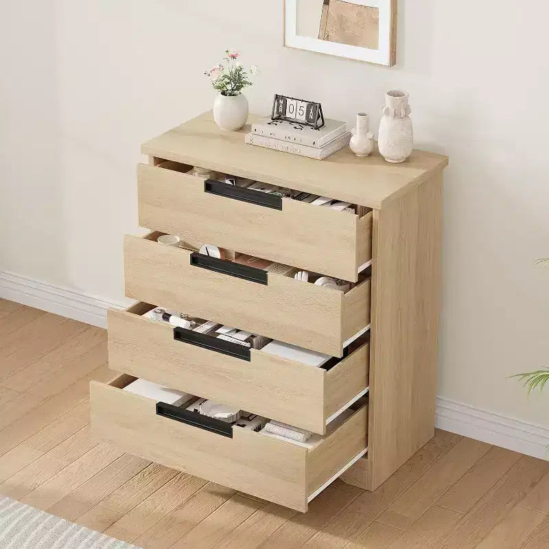 4 Drawer Dresser for Bedroom, Natural Chest of Drawers with Embedded Handles Design, Wooden Dresser Organizer for Living Room, Nursery, Entryway