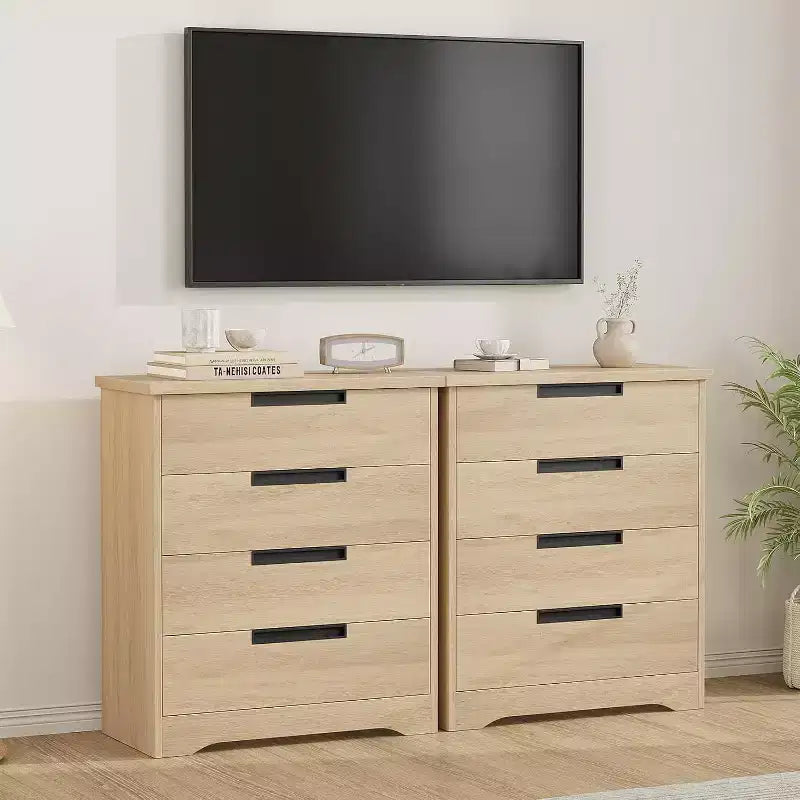 4 Drawer Dresser for Bedroom, Natural Chest of Drawers with Embedded Handles Design, Wooden Dresser Organizer for Living Room, Nursery, Entryway