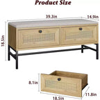 Rattan Storage Bench with Cushion, 2 Drawer Shoe Bench for Entryway, Hallway, or Bedroom in Natural Oak Finish
