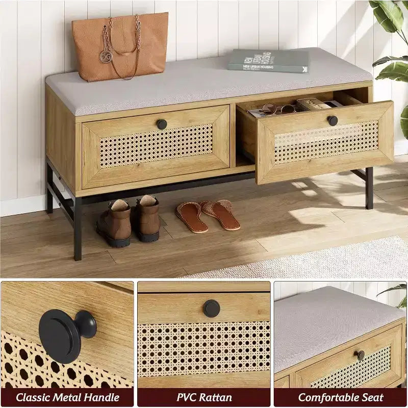 Rattan Storage Bench with Cushion, 2 Drawer Shoe Bench for Entryway, Hallway, or Bedroom in Natural Oak Finish