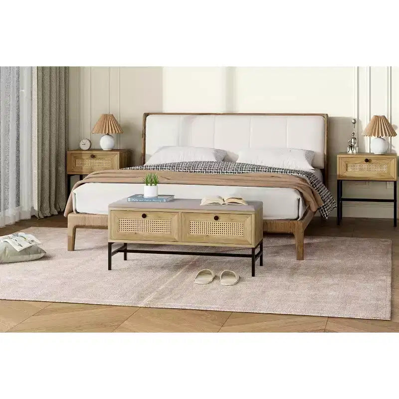 Rattan Storage Bench with Cushion, 2 Drawer Shoe Bench for Entryway, Hallway, or Bedroom in Natural Oak Finish