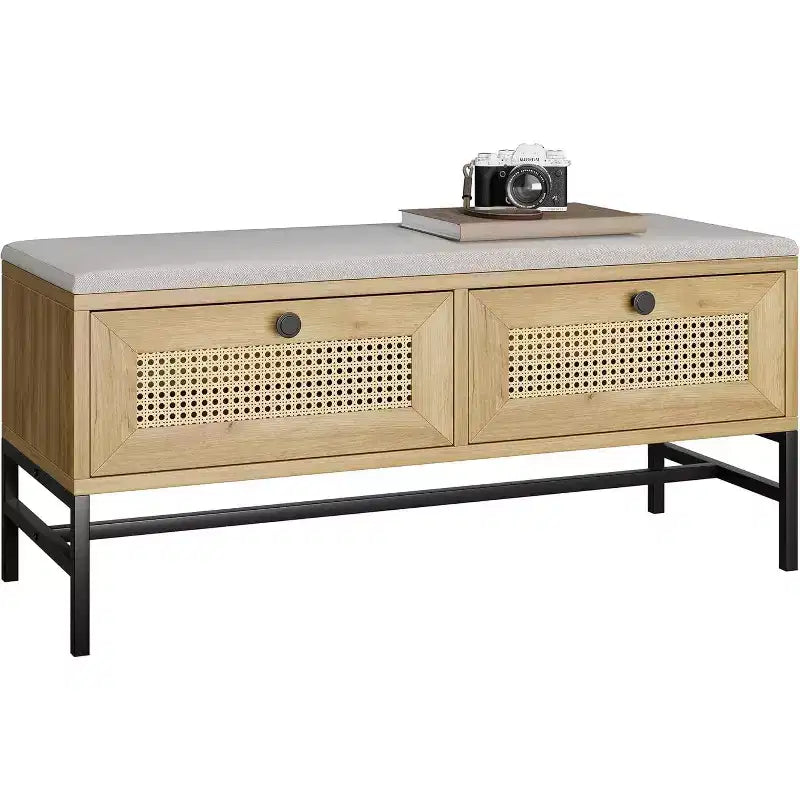 Rattan Storage Bench with Cushion, 2 Drawer Shoe Bench for Entryway, Hallway, or Bedroom in Natural Oak Finish