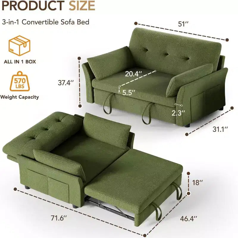 Sleeper Sofa with Pull-Out Bed,3-in-1 Chenille Convertible Loveseat Sofa Bed,Reclining Backrest and Side Pocket,Tool-Free Assembly