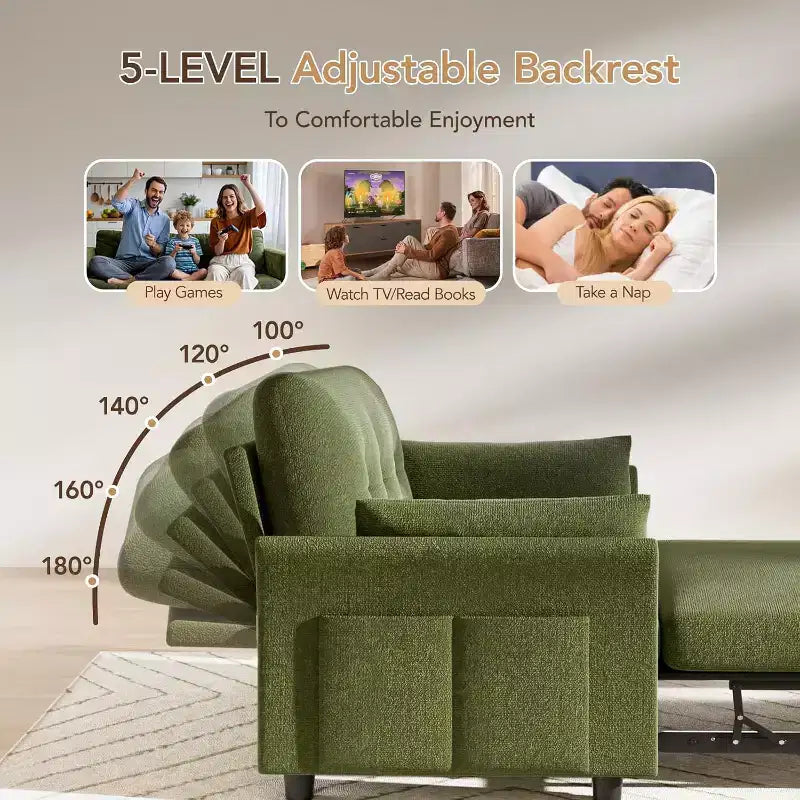 Sleeper Sofa with Pull-Out Bed,3-in-1 Chenille Convertible Loveseat Sofa Bed,Reclining Backrest and Side Pocket,Tool-Free Assembly