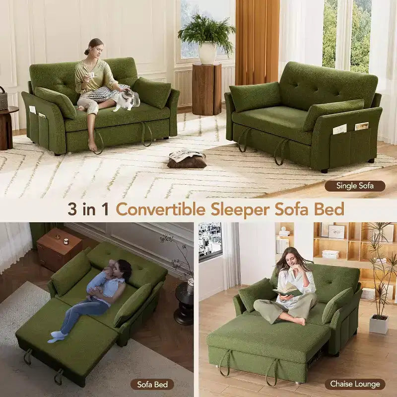 Sleeper Sofa with Pull-Out Bed,3-in-1 Chenille Convertible Loveseat Sofa Bed,Reclining Backrest and Side Pocket,Tool-Free Assembly