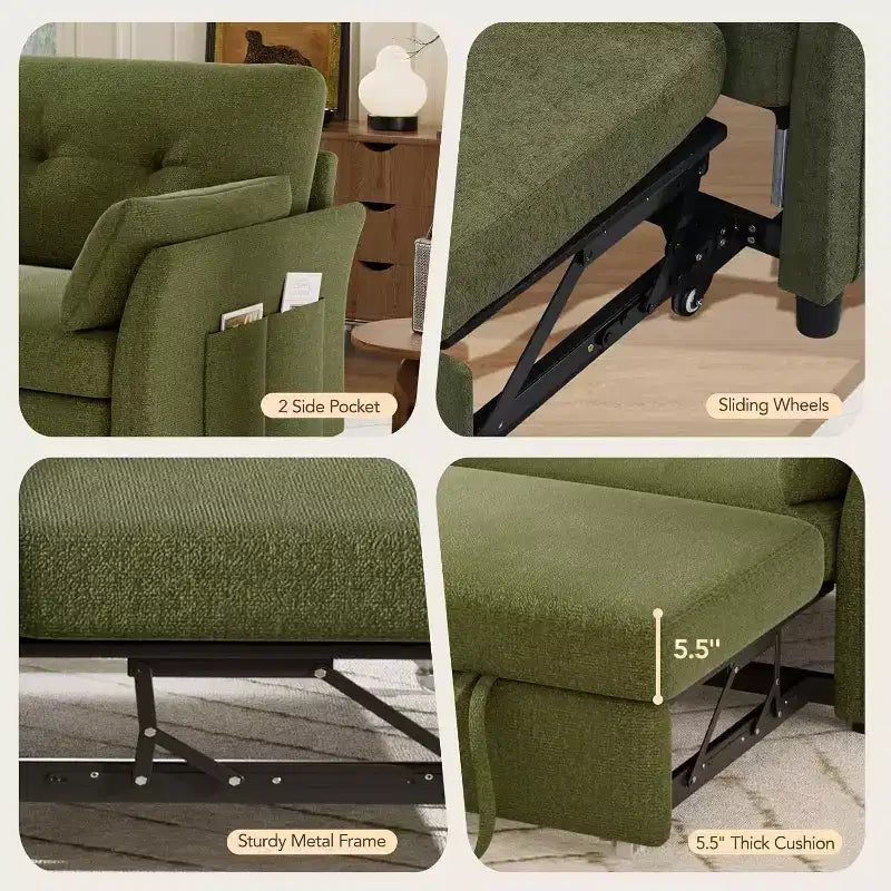 Sleeper Sofa with Pull-Out Bed,3-in-1 Chenille Convertible Loveseat Sofa Bed,Reclining Backrest and Side Pocket,Tool-Free Assembly