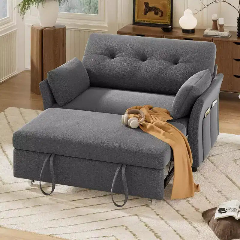 Sleeper Sofa with Pull-Out Bed,3-in-1 Chenille Convertible Loveseat Sofa Bed,Reclining Backrest and Side Pocket,Tool-Free Assembly