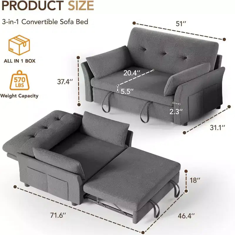 Sleeper Sofa with Pull-Out Bed,3-in-1 Chenille Convertible Loveseat Sofa Bed,Reclining Backrest and Side Pocket,Tool-Free Assembly