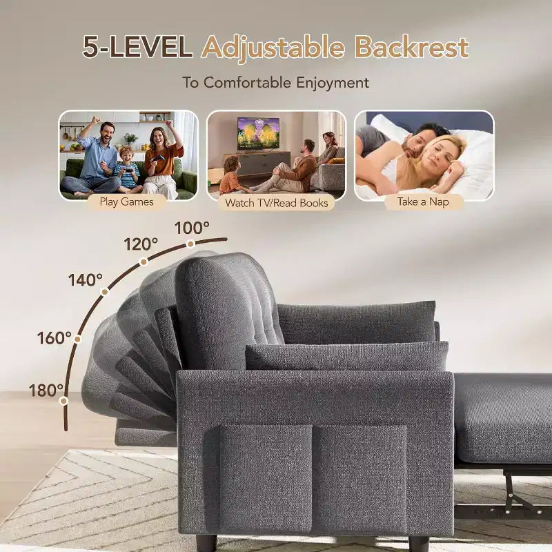 Sleeper Sofa with Pull-Out Bed,3-in-1 Chenille Convertible Loveseat Sofa Bed,Reclining Backrest and Side Pocket,Tool-Free Assembly
