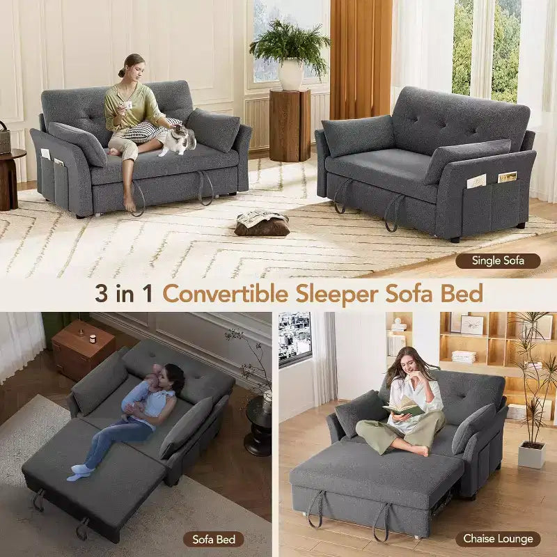 Sleeper Sofa with Pull-Out Bed,3-in-1 Chenille Convertible Loveseat Sofa Bed,Reclining Backrest and Side Pocket,Tool-Free Assembly