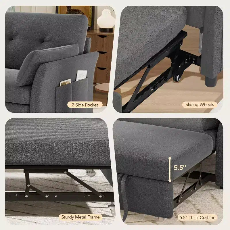 Sleeper Sofa with Pull-Out Bed,3-in-1 Chenille Convertible Loveseat Sofa Bed,Reclining Backrest and Side Pocket,Tool-Free Assembly