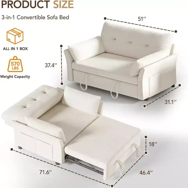 Sleeper Sofa with Pull-Out Bed,3-in-1 Chenille Convertible Loveseat Sofa Bed,Reclining Backrest and Side Pocket,Tool-Free Assembly