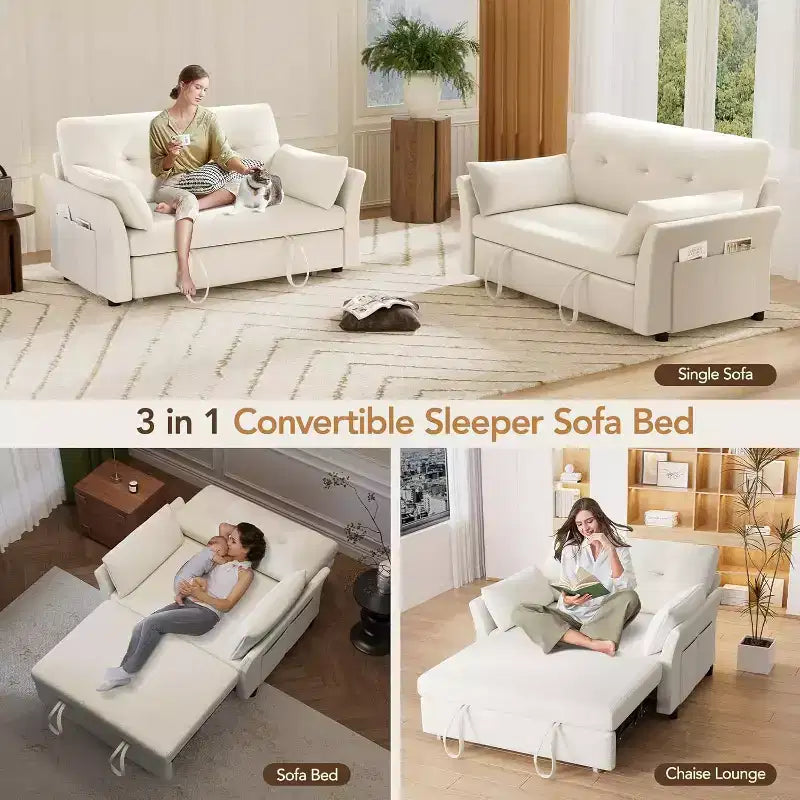 Sleeper Sofa with Pull-Out Bed,3-in-1 Chenille Convertible Loveseat Sofa Bed,Reclining Backrest and Side Pocket,Tool-Free Assembly