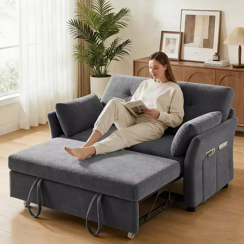 Sleeper Sofa with Pull-Out Bed,3-in-1 Chenille Convertible Loveseat Sofa Bed,Reclining Backrest and Side Pocket,Tool-Free Assembly