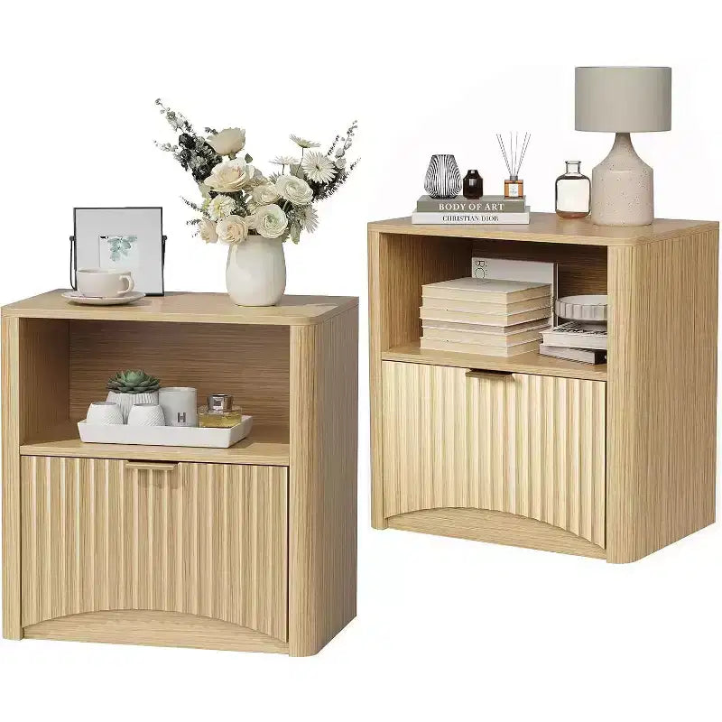 Fluted Nightstand with Drawer and Open Storage, Mid Century Modern Wooden Bedside Table