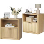 Fluted Nightstand with Drawer and Open Storage, Mid Century Modern Wooden Bedside Table
