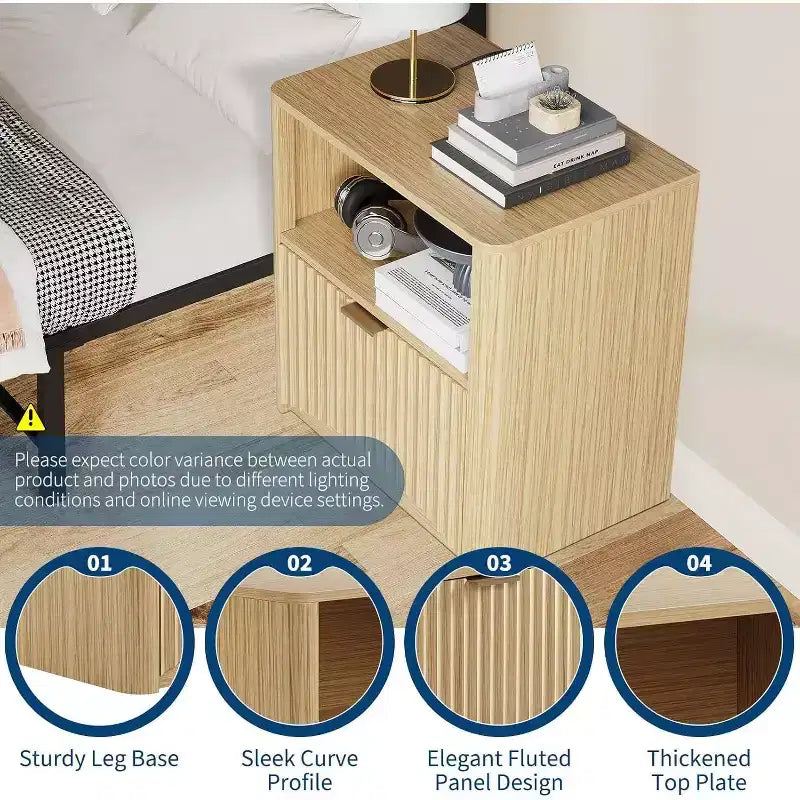 Fluted Nightstand with Drawer and Open Storage, Mid Century Modern Wooden Bedside Table