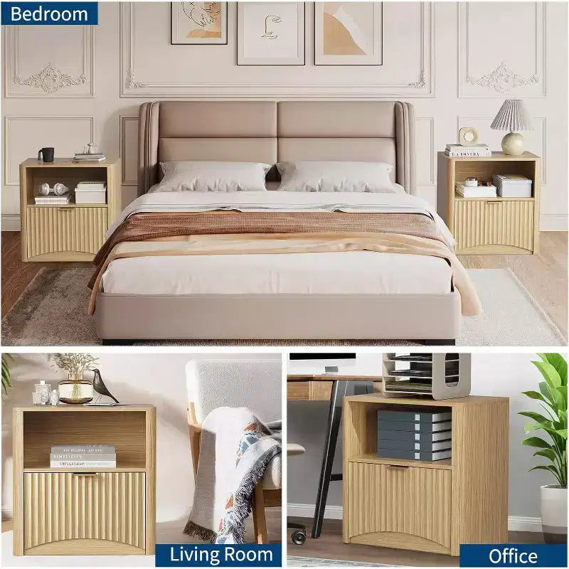 Fluted Nightstand with Drawer and Open Storage, Mid Century Modern Wooden Bedside Table