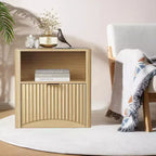 Fluted Nightstand with Drawer and Open Storage, Mid Century Modern Wooden Bedside Table