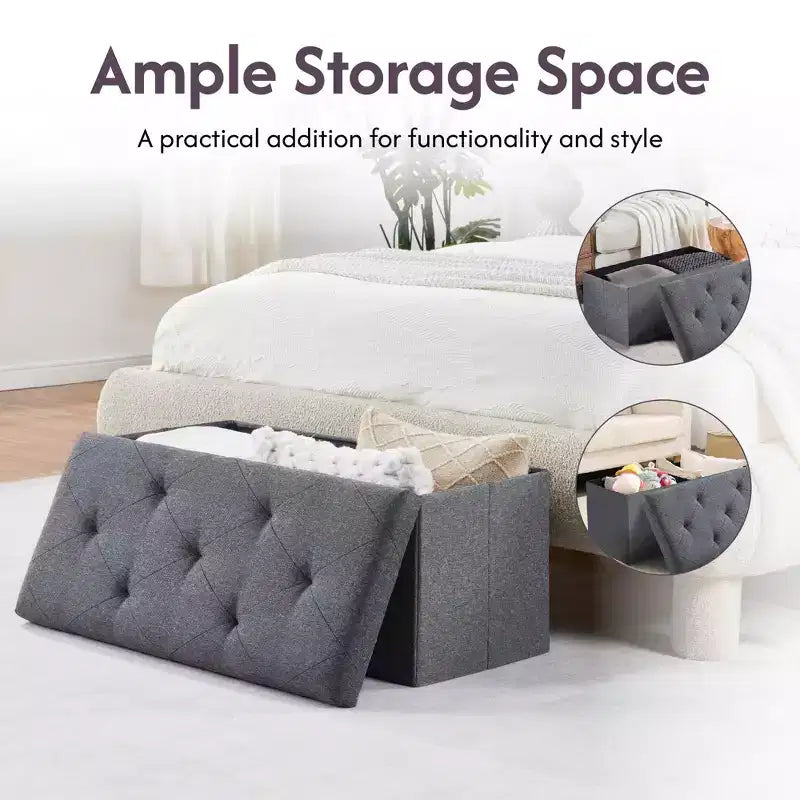 Foldable Storage Ottoman Bench,Soft Linen Fabric Bench for Storage & Seating,30 Footrest Bench for Living Room,250lbs Capacity