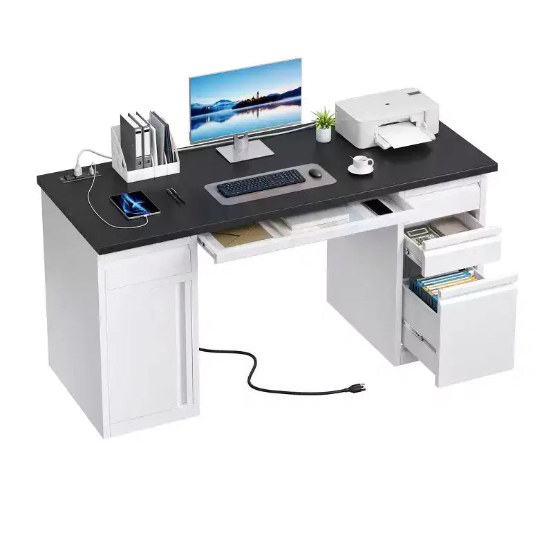 57 Inch Computer Desk With File Cabinet, Keyboard Tray Black & White Steel Office Desk With 5 Drawers, Executive Desk With Power Outlets