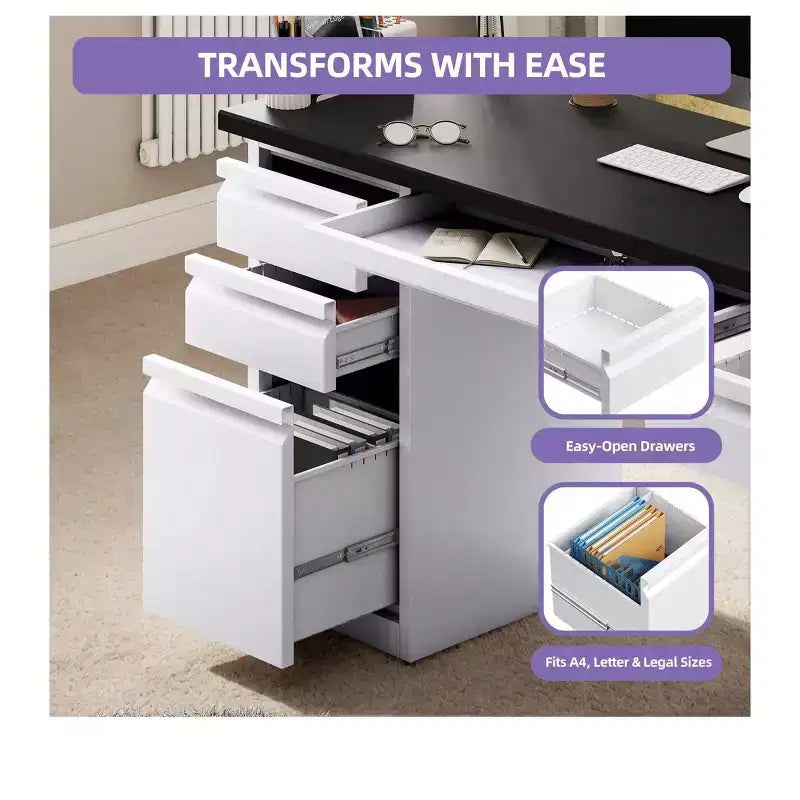 57 Inch Computer Desk With File Cabinet, Keyboard Tray Black & White Steel Office Desk With 5 Drawers, Executive Desk With Power Outlets