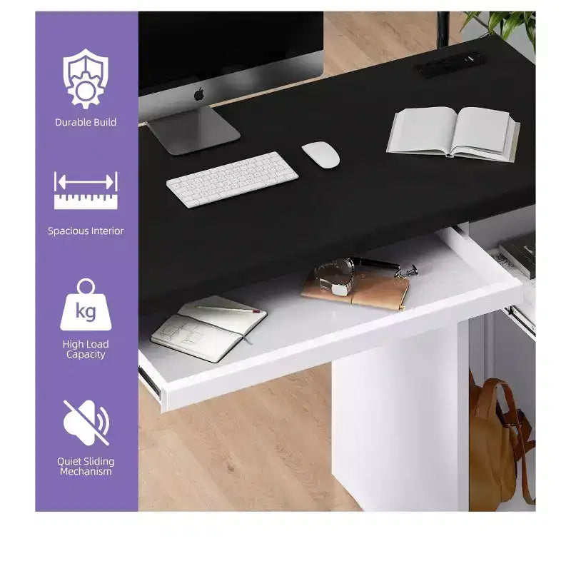 57 Inch Computer Desk With File Cabinet, Keyboard Tray Black & White Steel Office Desk With 5 Drawers, Executive Desk With Power Outlets