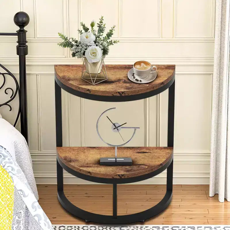 Half-Moon End Table,Minimalist Small Side Table for Couch & Bedside,23.6 Height,Brown+Black