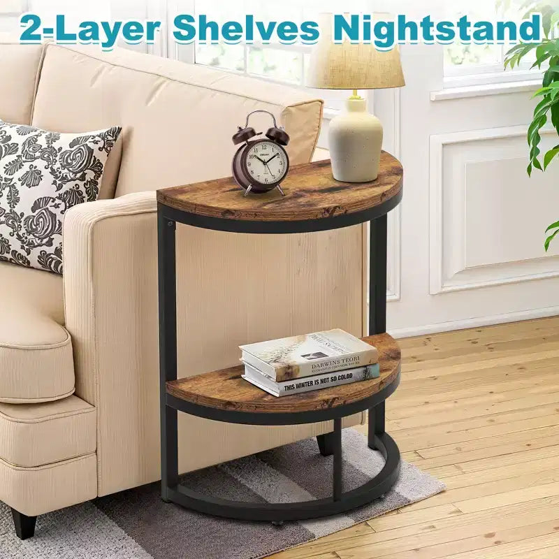Half-Moon End Table,Minimalist Small Side Table for Couch & Bedside,23.6 Height,Brown+Black