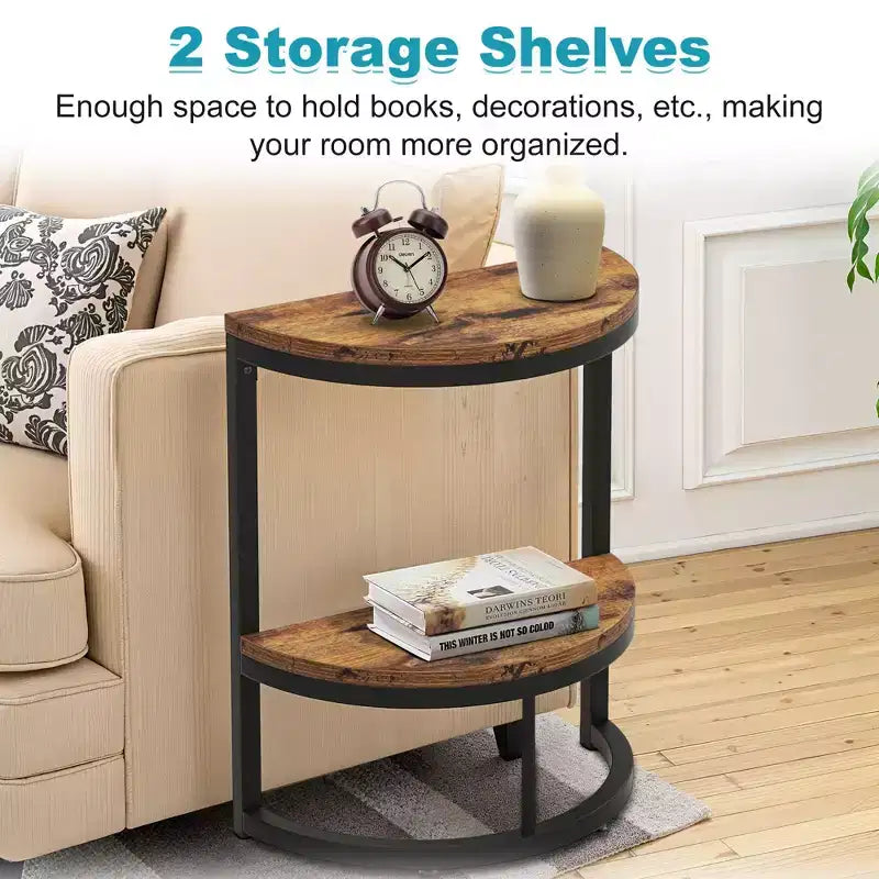 Half-Moon End Table,Minimalist Small Side Table for Couch & Bedside,23.6 Height,Brown+Black