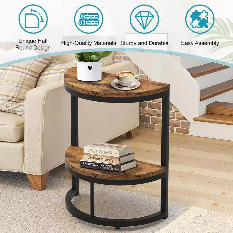 Half-Moon End Table,Minimalist Small Side Table for Couch & Bedside,23.6 Height,Brown+Black
