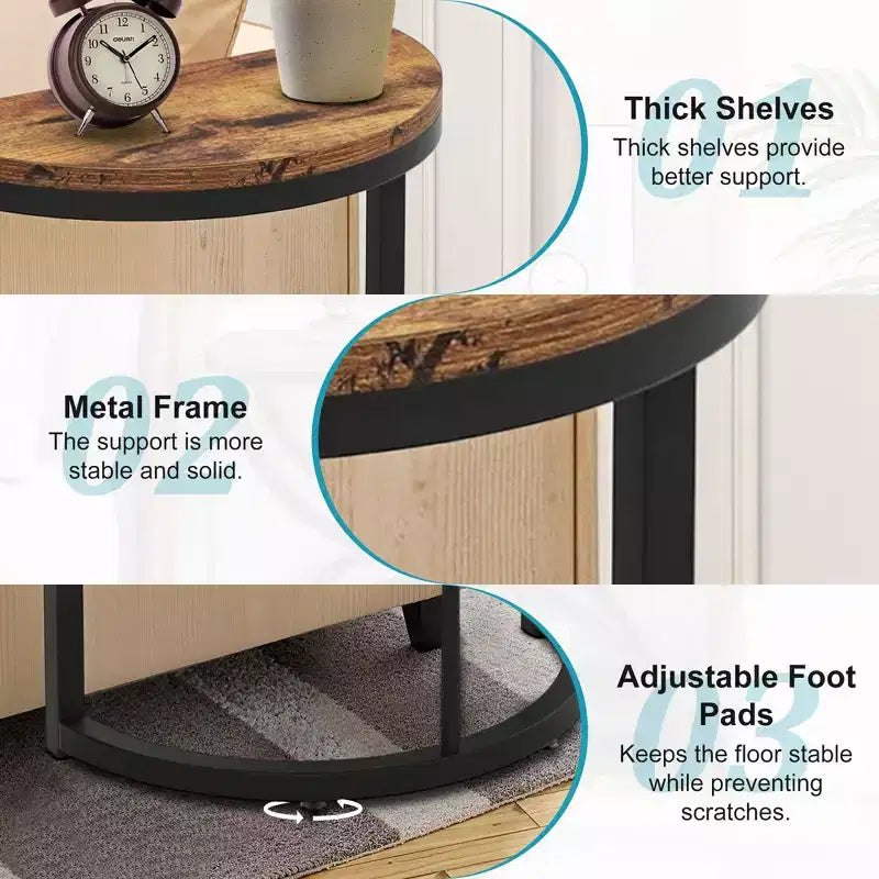 Half-Moon End Table,Minimalist Small Side Table for Couch & Bedside,23.6 Height,Brown+Black