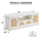 Rattan TV Stand, Modern Entertainment Center for 65/70 in TV, White Media Center with 2 Drawers and 2 Cabinets with Adjustable Shelf, for Living Room