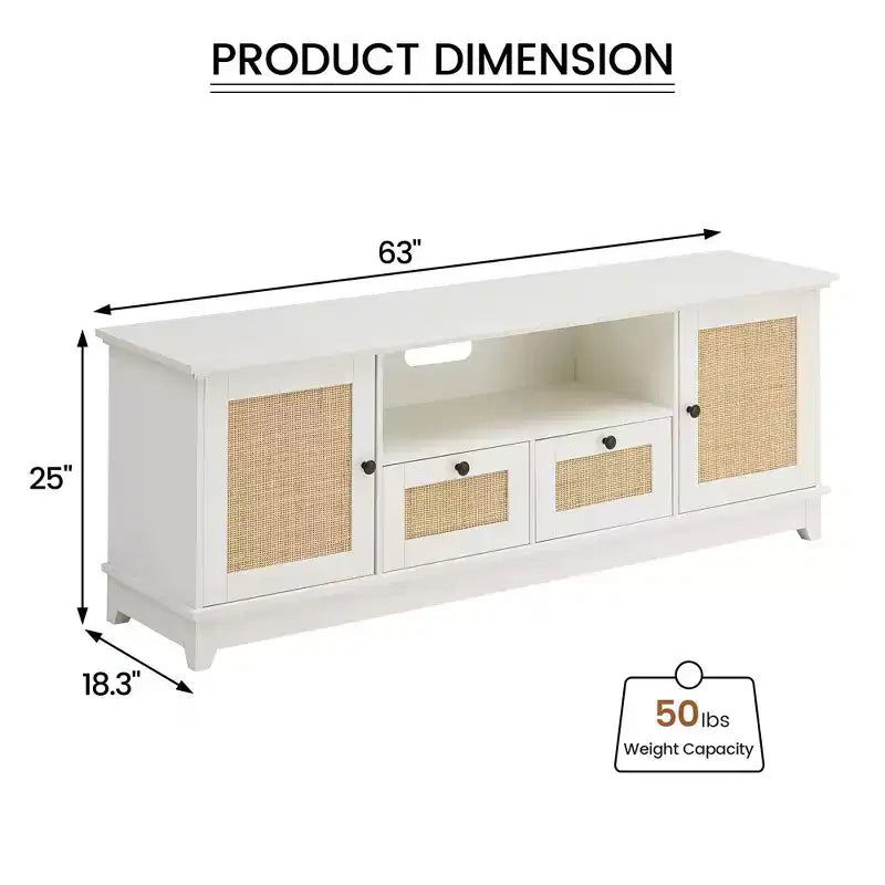 Rattan TV Stand, Modern Entertainment Center for 65/70 in TV, White Media Center with 2 Drawers and 2 Cabinets with Adjustable Shelf, for Living Room