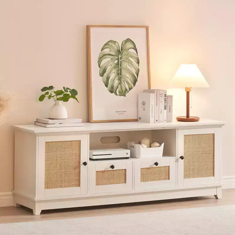 Rattan TV Stand, Modern Entertainment Center for 65/70 in TV, White Media Center with 2 Drawers and 2 Cabinets with Adjustable Shelf, for Living Room