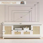Rattan TV Stand, Modern Entertainment Center for 65/70 in TV, White Media Center with 2 Drawers and 2 Cabinets with Adjustable Shelf, for Living Room
