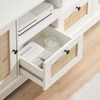 Rattan TV Stand, Modern Entertainment Center for 65/70 in TV, White Media Center with 2 Drawers and 2 Cabinets with Adjustable Shelf, for Living Room