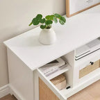 Rattan TV Stand, Modern Entertainment Center for 65/70 in TV, White Media Center with 2 Drawers and 2 Cabinets with Adjustable Shelf, for Living Room