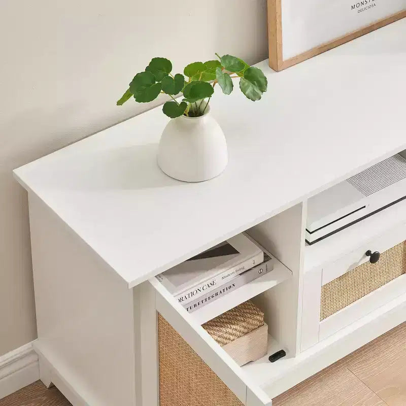 Rattan TV Stand, Modern Entertainment Center for 65/70 in TV, White Media Center with 2 Drawers and 2 Cabinets with Adjustable Shelf, for Living Room